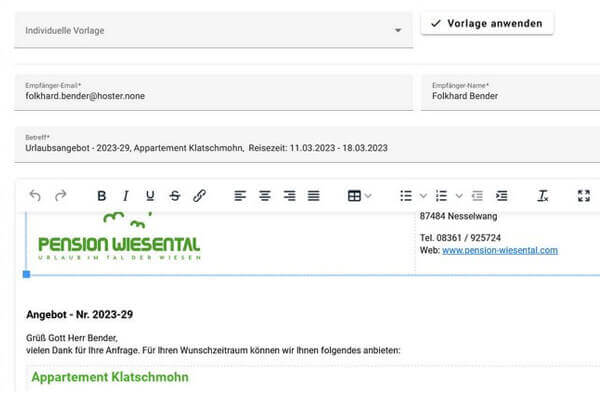 Screenshot der VAKANZAonline Rechnungsstellung mit automatischer Positionserfassung und Zusatzleistungen